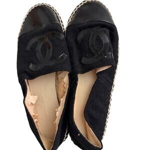 Authentic CHANEL Black Espadrille Flats with Logo Cap Toe